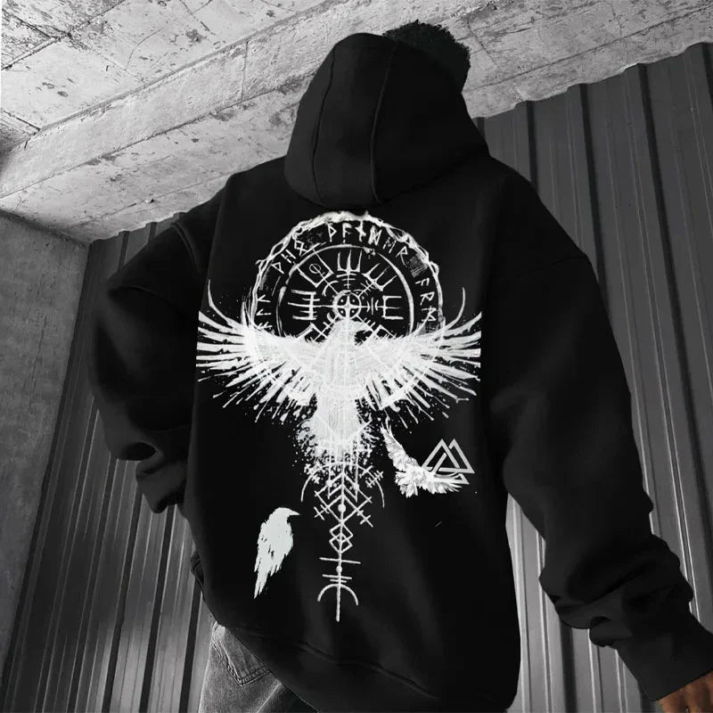 Grijze Hoodie Viking Totem Zwarte Raaf