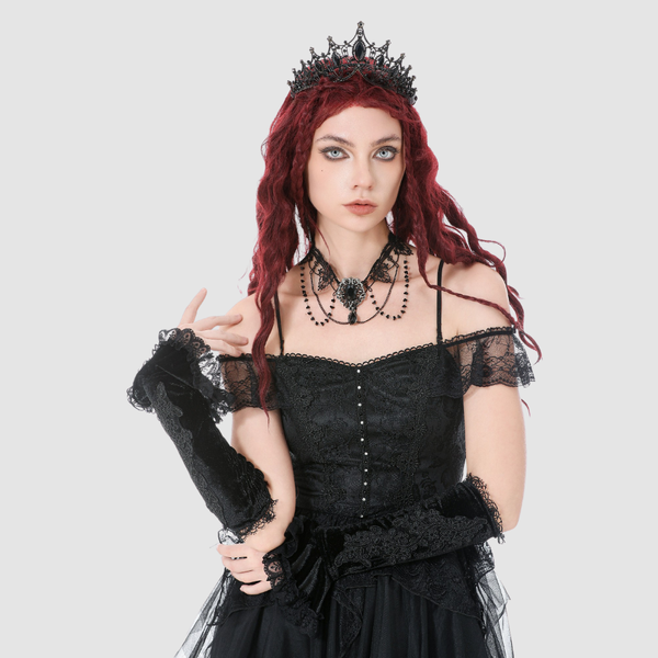 Guantes góticos negros con bordado y encaje sin dedos | Castle Gothic