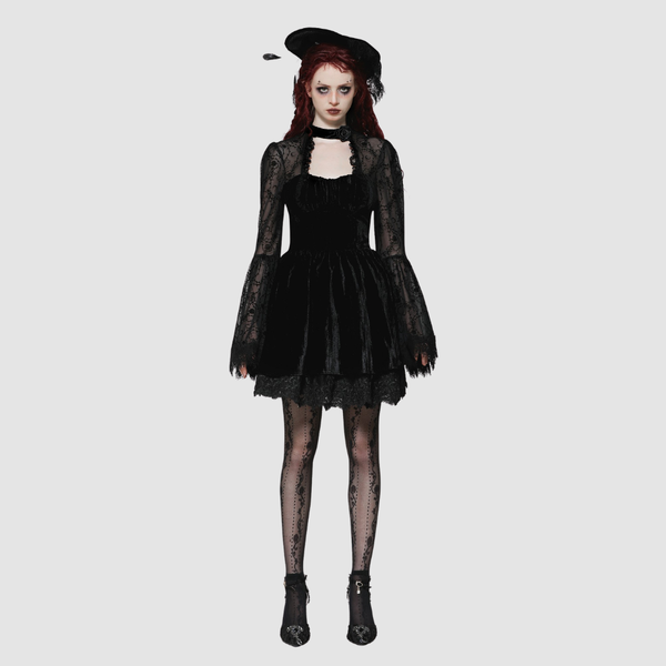 Vestido mini gótico negro de terciopelo y encaje con manga acampanada | Castle Gothic